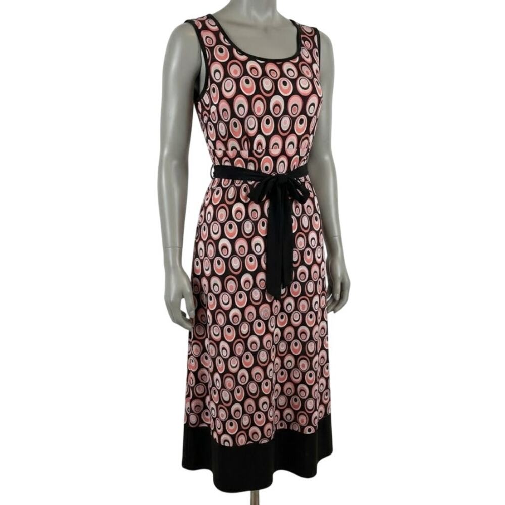 Vintage Y2K Dressbarn Dress Size 8 Brown Pink Sleeveless Belted Polka Dots Retro